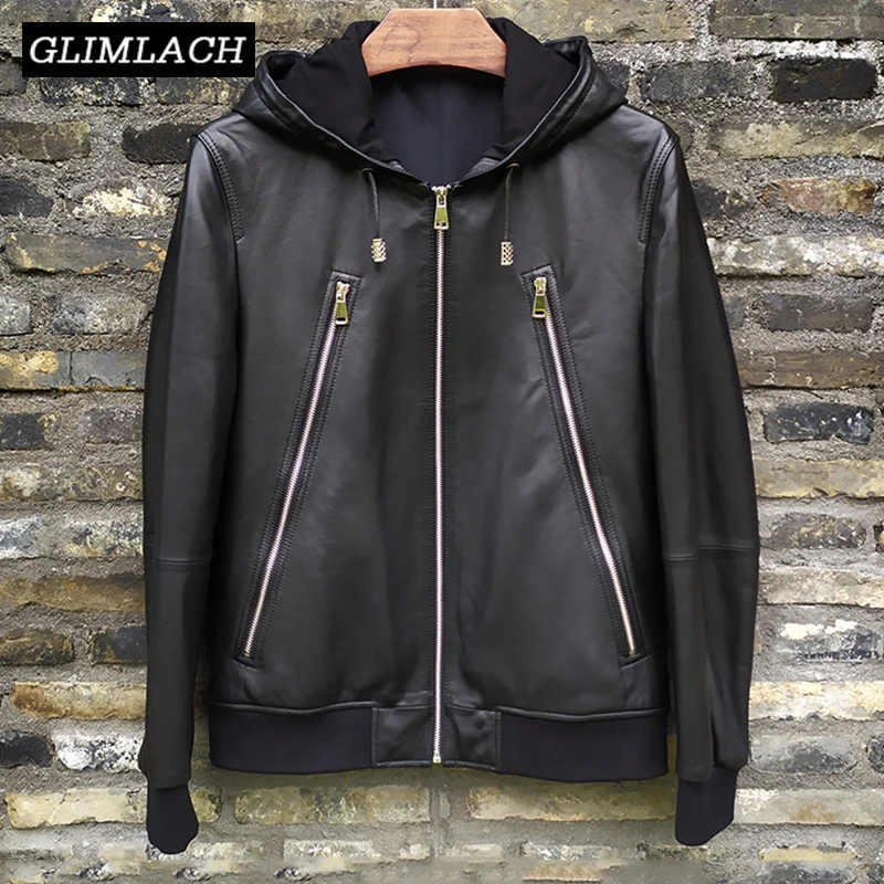 

2019 Genuine Leather Bomber Jacket Men Pilot Sheepskin Real Leather Jacket Hooded Aviation Flight Slim Large Size Lambskin Coats