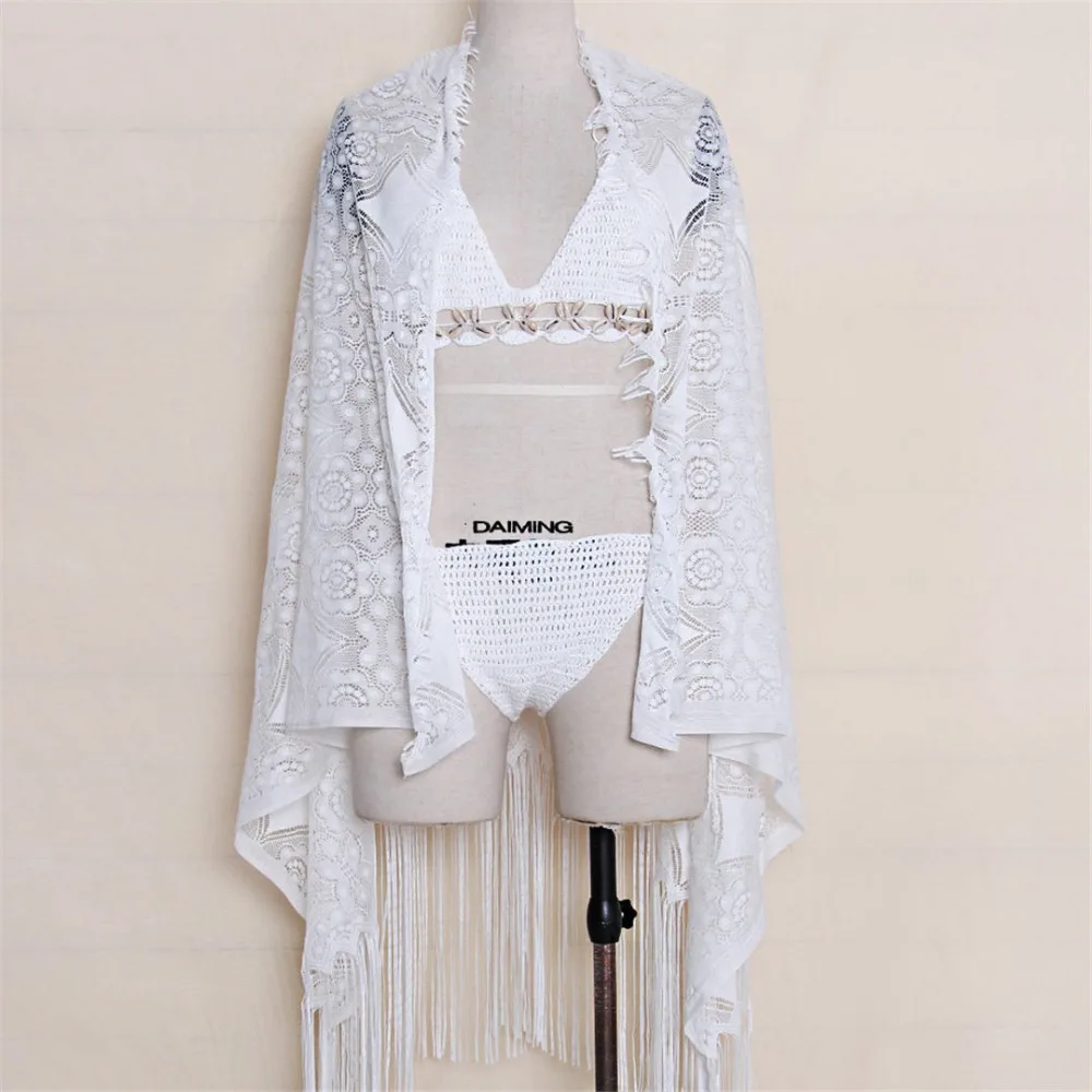 2018 Sexy Black Fringe Tunic Beach dress Crochet knit female Swimwear