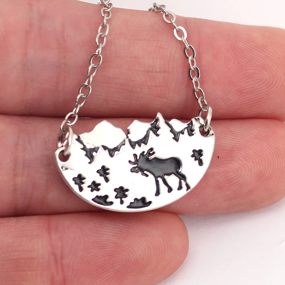 

hzew mountai range moose trees flowers forest pendant necklace nature enthusiast gift