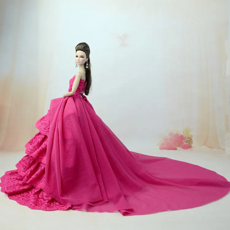 

Gorgeous Hot Pink Rose Satin Lace Gown Dress / Long Trailing Wedding Party Outfit Clothing For 1/6 Barbie Xinyi Kurhn FR Doll