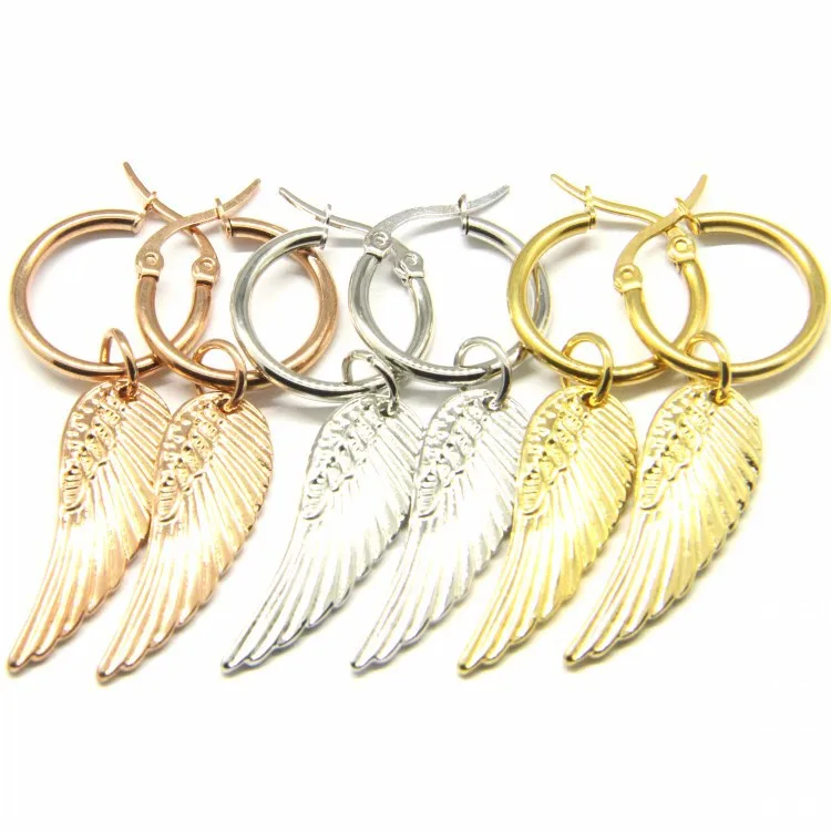 

Stainless Steel Earrings women Hoop Earrings Silver Gold Rose Gold Angel Wings pendant Feather Charm for Women Oorbellen Hangers