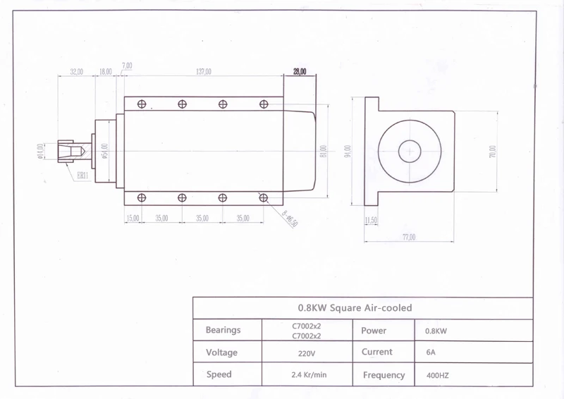 CNC 800 W/0.8KW 220V квадратный шпиндель воздушного охлаждения ER11 с воздушным охлаждением фрезерный шпиндель+ 1.5KW VFD инвертор+ 13 шт./компл. ER11, 2 версии