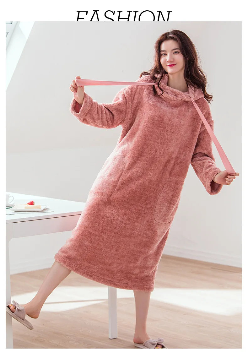 Корейская Стильная однотонная плотная фланелевая ночная рубашка с капюшоном, Женское зимнее теплое платье для сна с длинным рукавом, новинка, модная одежда gx1532