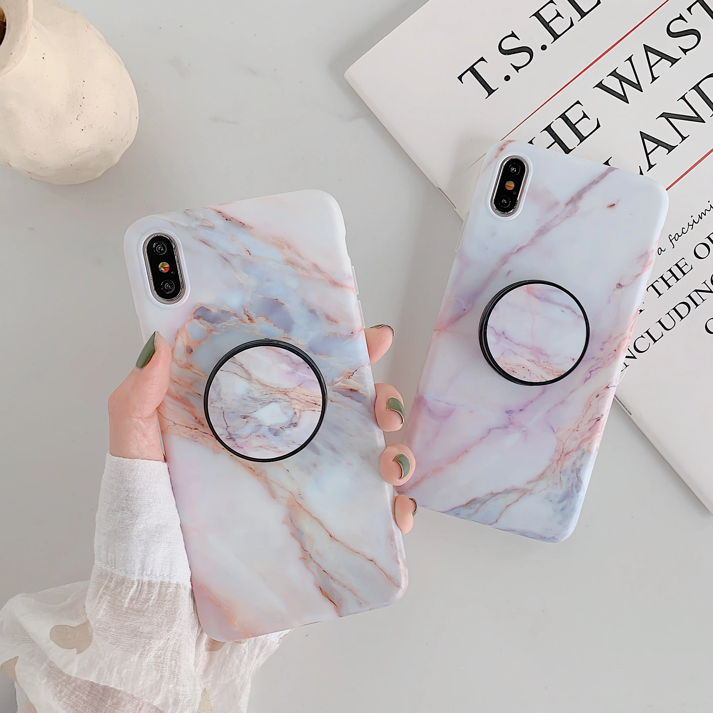 

Glossy White Crimson Marble Kickstand Stand Ring Holder Phone Case for iPhone XS Max XR X 6 6s 7 8 10 Plus i8P Back Cover Funda