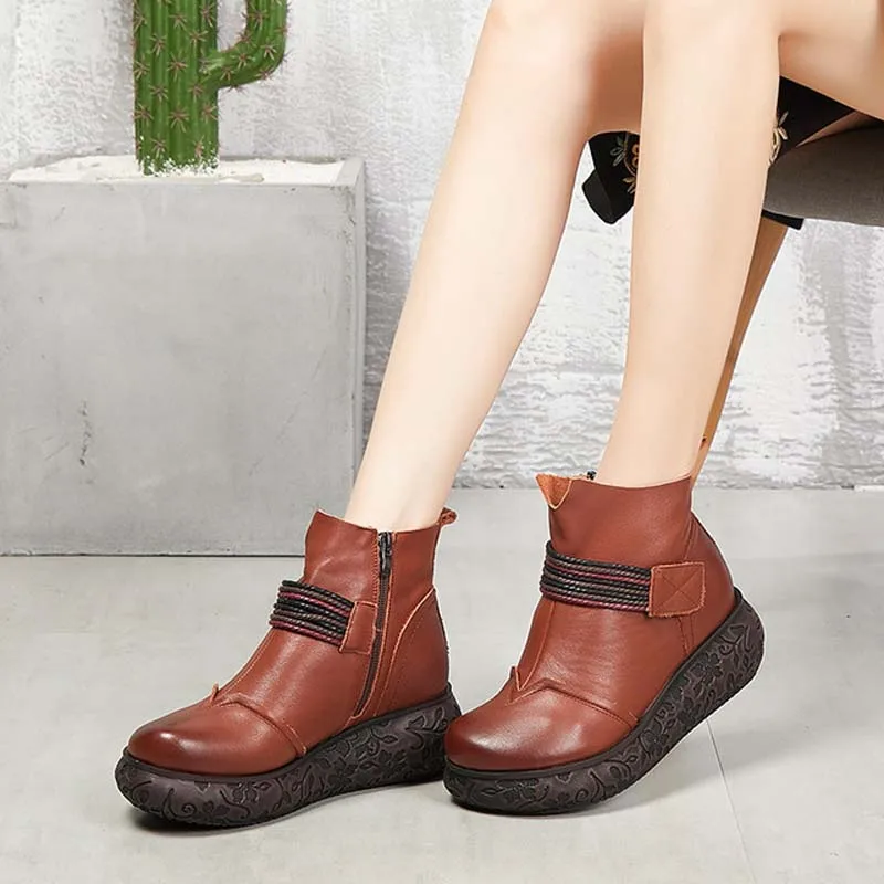 

2018 autumn thick platform wedge short boots leather round head Martin boots short tube women's casual leather boots