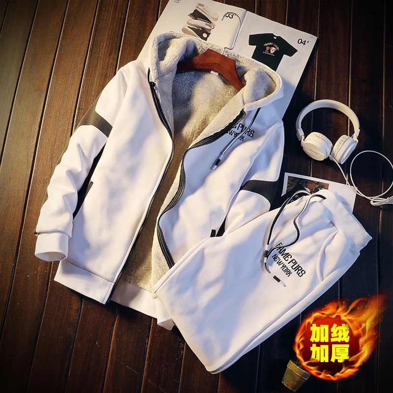

Laamei Casual Mens Tracksuit Set Winter Two Piece Sets Fleece Thick Warm Hooded Jacket + Pants Sporting Suit Male Trainingspak
