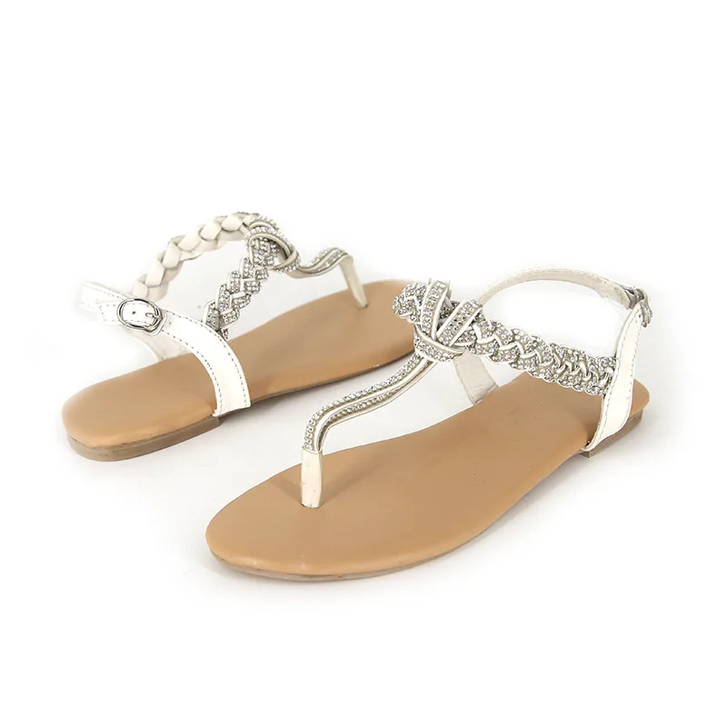 

2019 summer new style simple and simple woven sandals women comfortable rhinestones chain decoration large size casual sandals