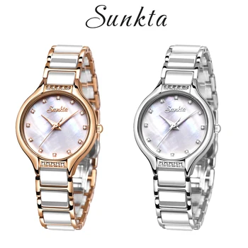 

SUNKTA New Quartz Women Watches Biamond Surface Ceramic Stainles Steel Strap Watch Fashion Simple Watches Women Waterproof Clock
