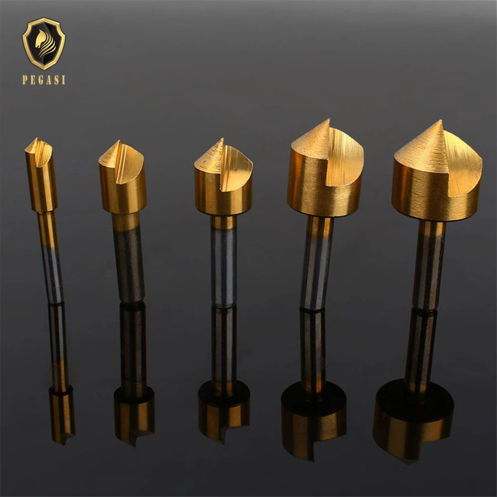 

PEGASI 5Pcs/Set 6/10/13/16/19mm Degree Drill Bits Bit Set Single Flute Titanium Countersink Wood 82 Round Shank Chamfer Metric