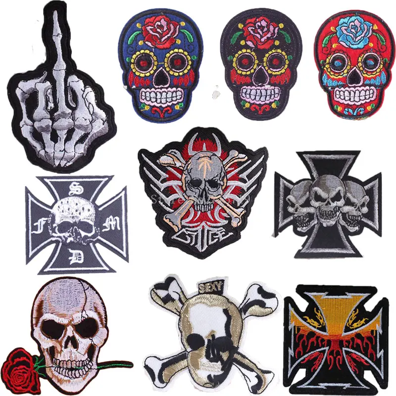 

Pulaqi Punk Skull Stikers Iron On Patches Jean Jacket T-Shirt Embroidered Patches For Biker Personality Patch For Clothing D