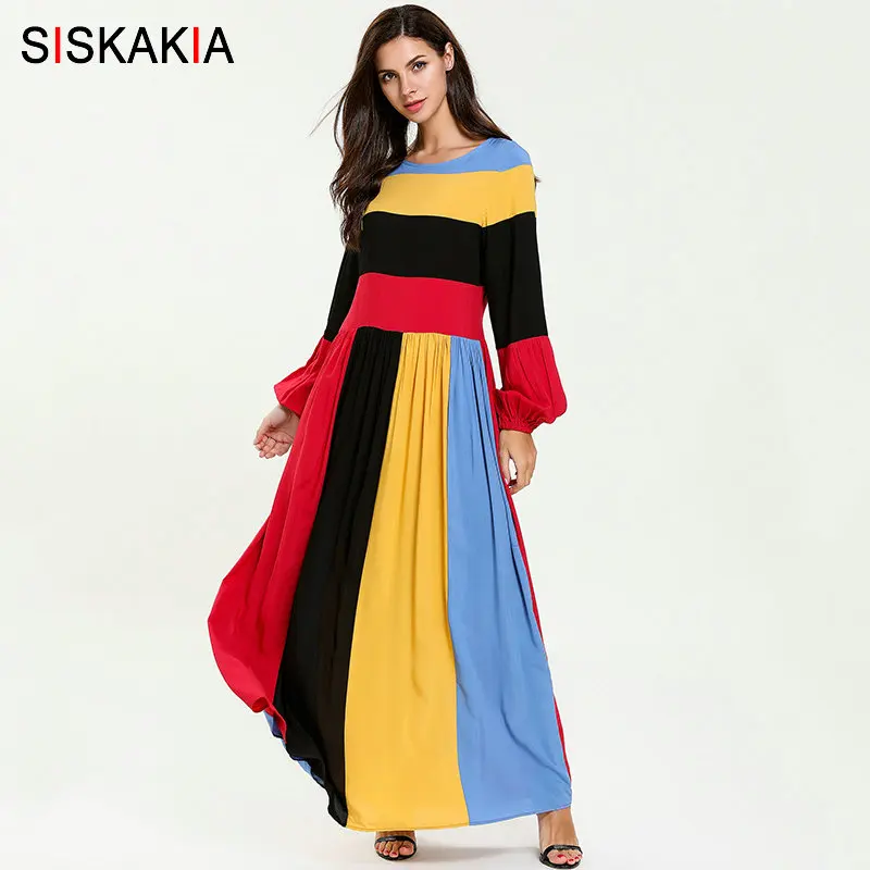 

Siskakia Fashion Plus Size Ethnic Long Dress Spring Fall 2019 Colored Stripe Patchwork Maxi Dresses UAE Draped Swing Color Block