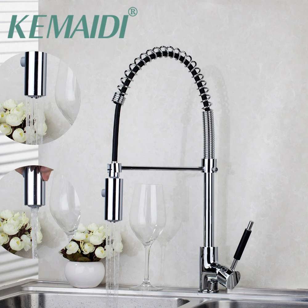 lKEMAIDI Spring Kitchen Faucet Swivel Spout Single Handle Pull out Spray Chrome With Push Button Pull Down Kitchen Faucets 