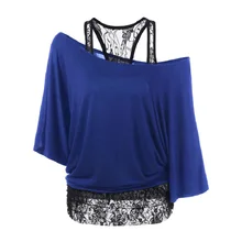 Spring Summer T-Shirts Women Loose Top Sexy Off Shoulder Irregular Sleeve Lace T Shirt Blue White 2pcs Grey Plus Size Tops 5XL grey blue loose off shoulder lace detail top
