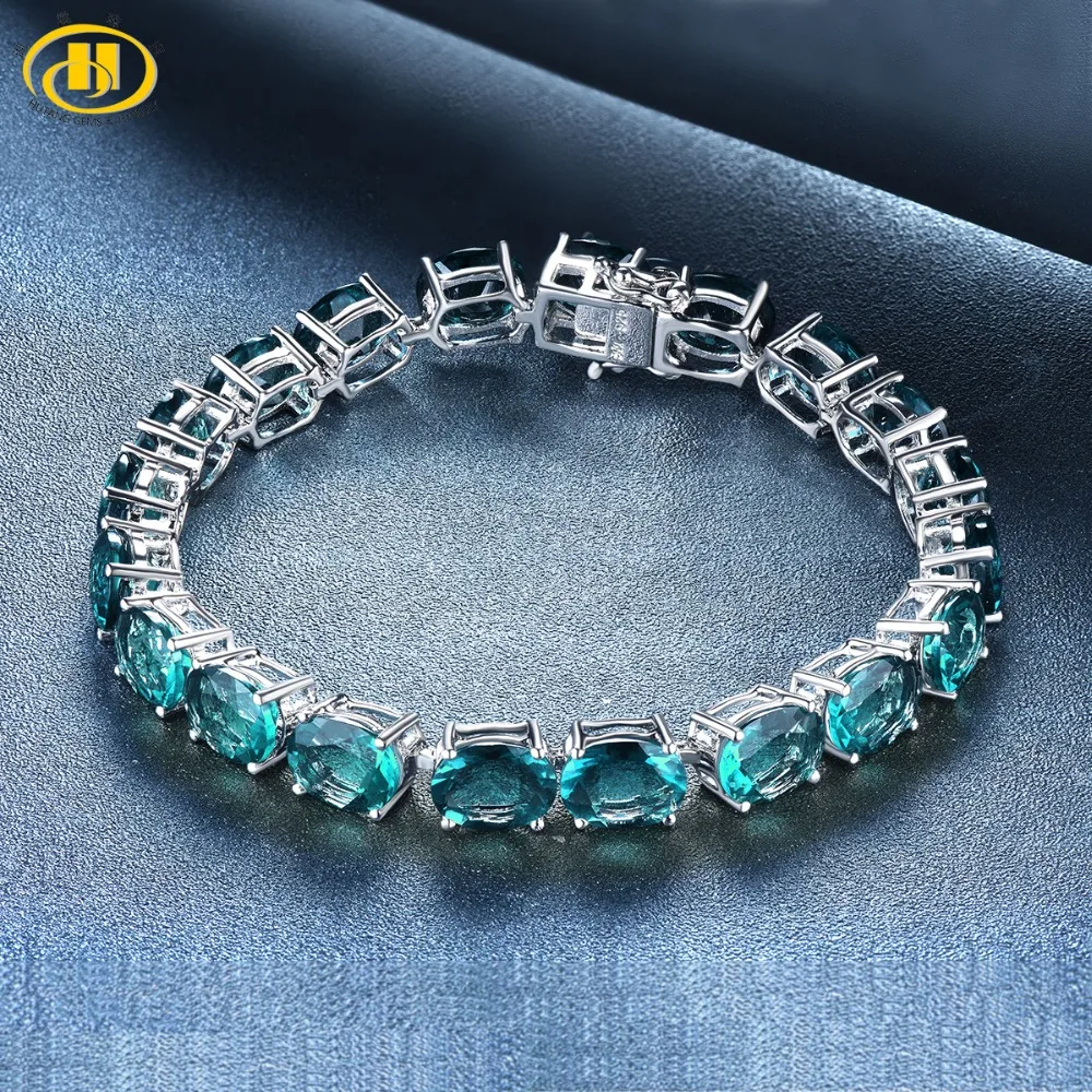 

Hutang Blue Fluorite Bracelet 7.5 inches Natural Gemstone Solid 925 Sterling Silver Fine Fashion Stone Jewelry Women's Best Gift