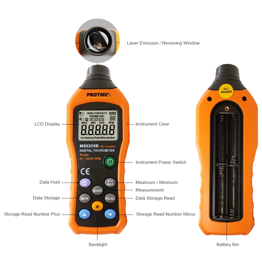 Protmex MS6208B 50-250 мм Бесконтактный цифровой тахометр с 100 групп регистрации данных, удержания данных, Макс/мин/AVG