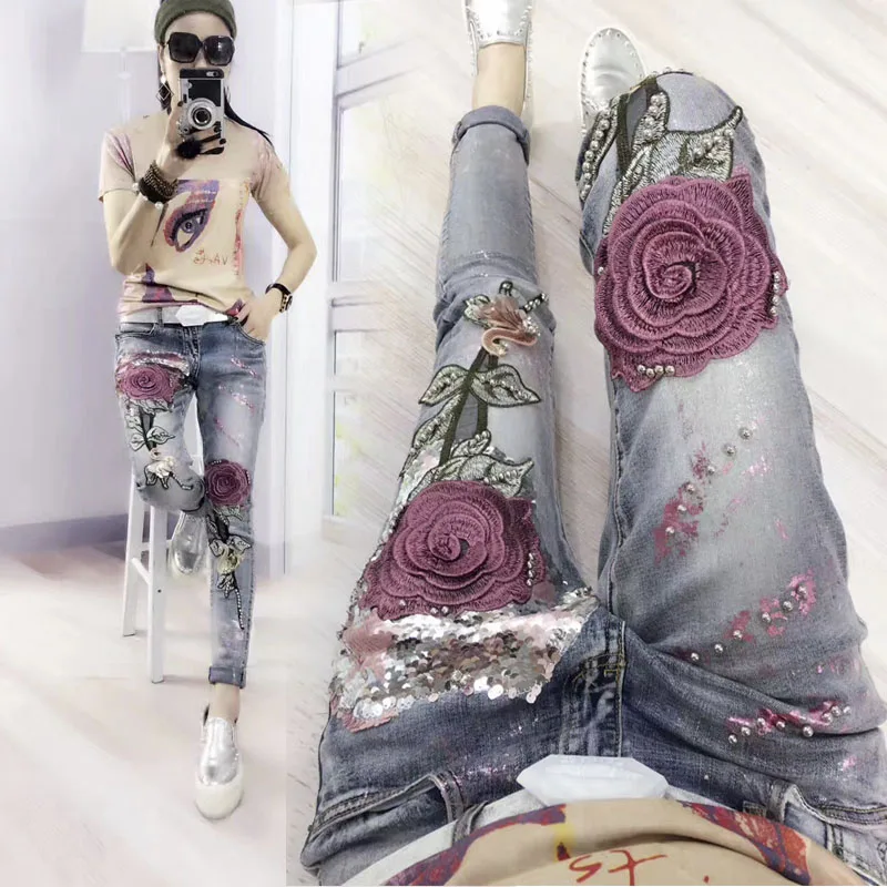 Женские джинсы карандаш с вышивкой розы|women pencil jeans|pencil jeanswomen stretch trousers |
