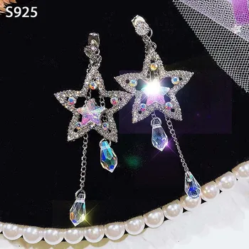 

Real Pure Solid 925 Sterling Silver Needle Long Dangle Earrings for Women Jewelry Star Rhinestone Gold Drop Tassel Earrings