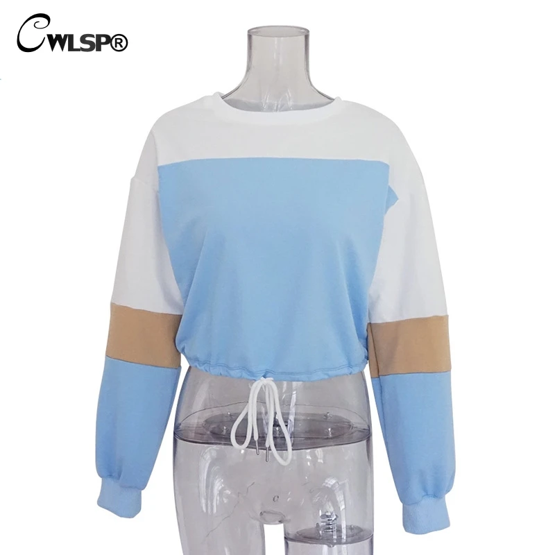 CWLSP ulzzang Autumn Patchwork Lanter Sleeve Sweatshirt for Women Casual Loose Drawstring Pullovers polerones mujer 2018 QL4178