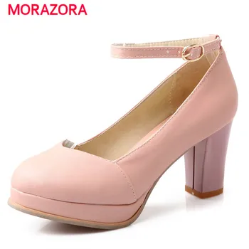 

MORAZORA PU soft leather shoes woman shallow platform high heels shoes party buckle women shoes pumps solid size 34-43