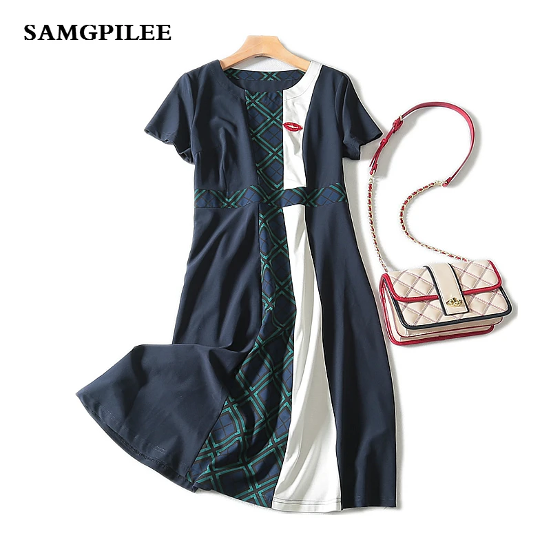 

2019 Sale New A-line Plaid Short Sleeve Appliques Knee-length Fashion Natural O-neck Summer Women Dress L-4x