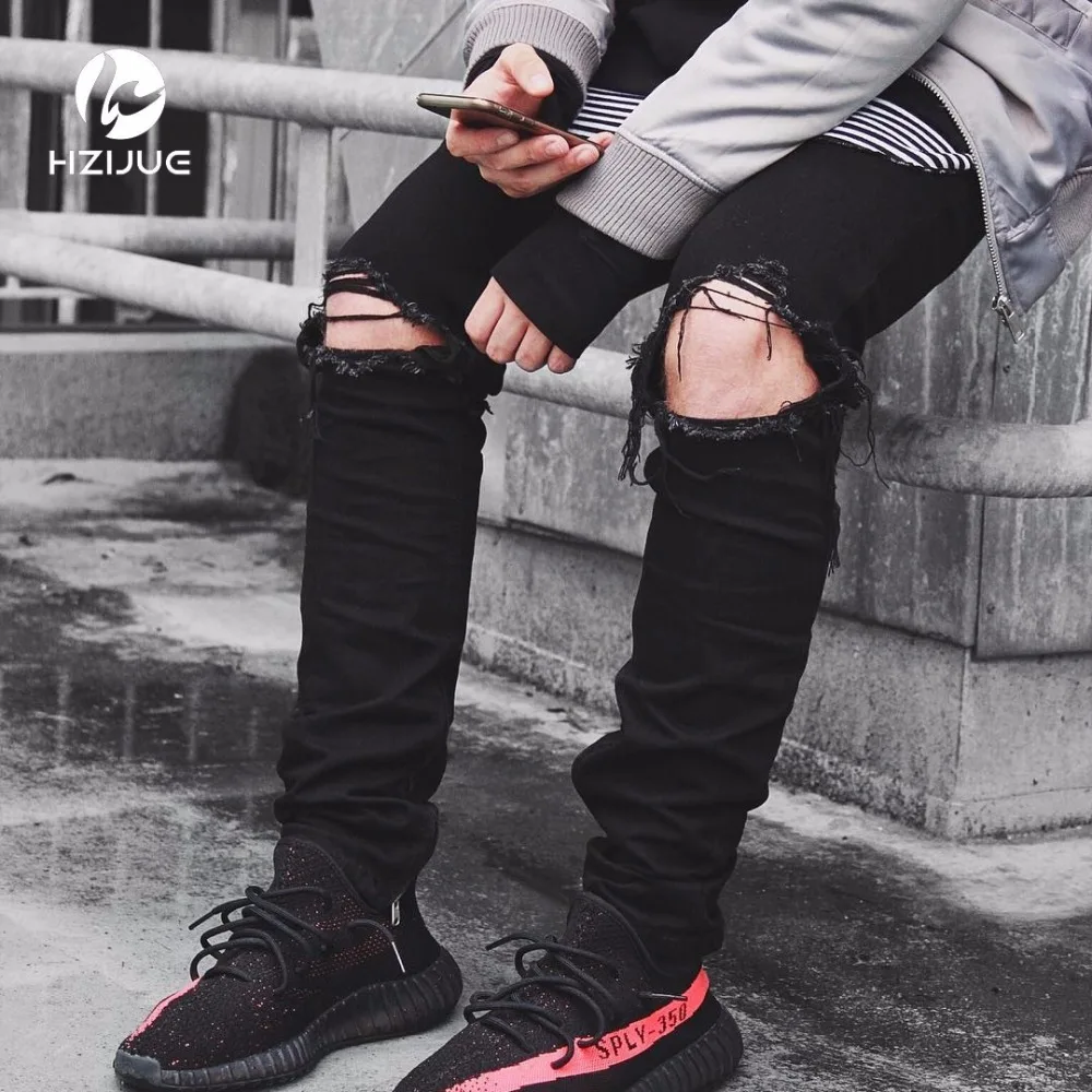 

mens Strech ripped biker jeans skinny Distressed kanye west designer brand hip hop streetwear swag Ankle zipper pants