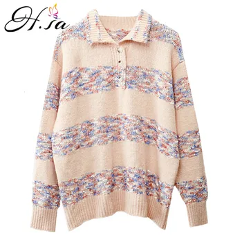

H.SA sueters de mujer moda 2019 Casual Turn Down Collar Striped White Sweater and pullover Jumpers Korean Style Women Knitwear