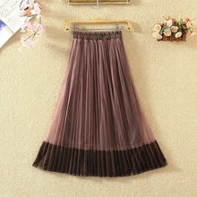 Новинка, весенне-осенняя винтажная велюровая юбка в сеточку, пэчворк, Женская плиссированная юбка до середины икры, Женская универсальная трапециевидная юбка Mw186
