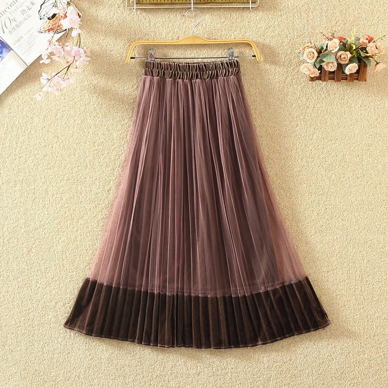 

2018 New Spring Autumn Vintage Mesh Patchwork Velour Skirts Women Mid-Calf Pleated Skirt Female All Match A-Line Skirts Mw186
