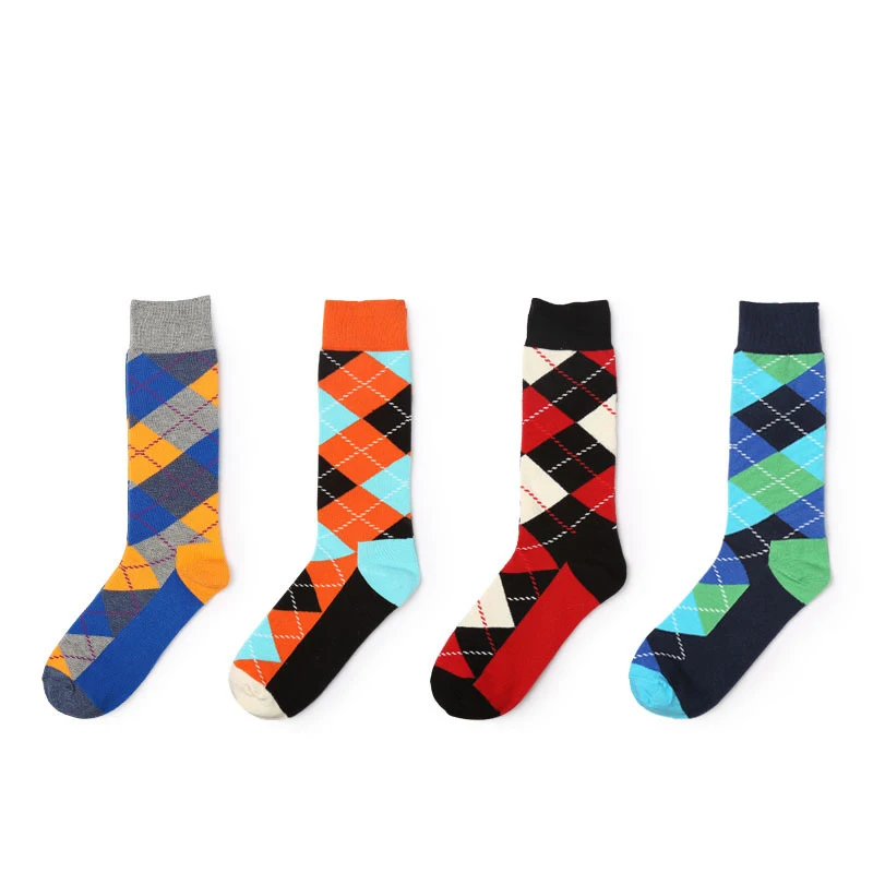 

New fashion men cotton socks long sock high quality colorful Diamond lattice checked free size 39-44