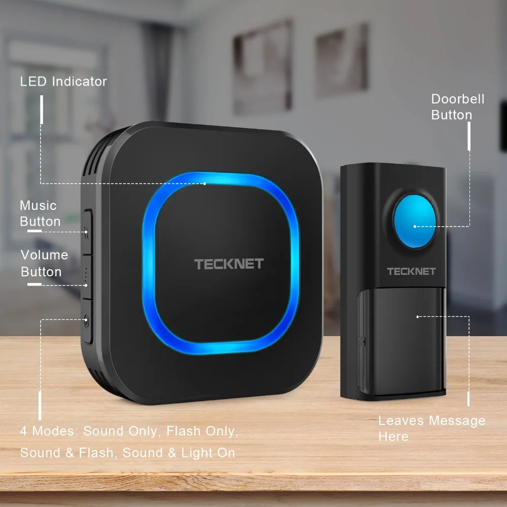 TeckNet Беспроводной дверной звонок Водонепроницаемый IP55 с двойными стенками Подключаемый модуль беспроводной домашний дверной звонок 150 м Диапазон 58 Ловец снов 4 уровня громкости штепсельная вилка британского стандарта