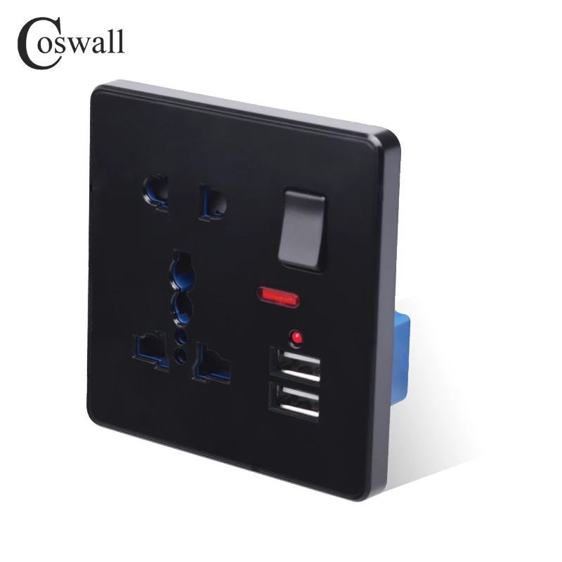 Coswall настенная розетка 13A универсальная 5 Отверстие переключаемая розетка с неоновым 2.1A двойной usb-порт для зарядки светодиодный индикатор черный цвет