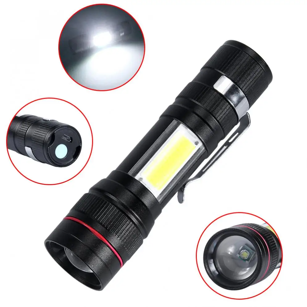 

T140 Telescopic Focusing 500 Lumens T6+Double Faced COB Aluminum Alloy Glare LED Flashlight 3 Modes With USB Charge for Outdoor