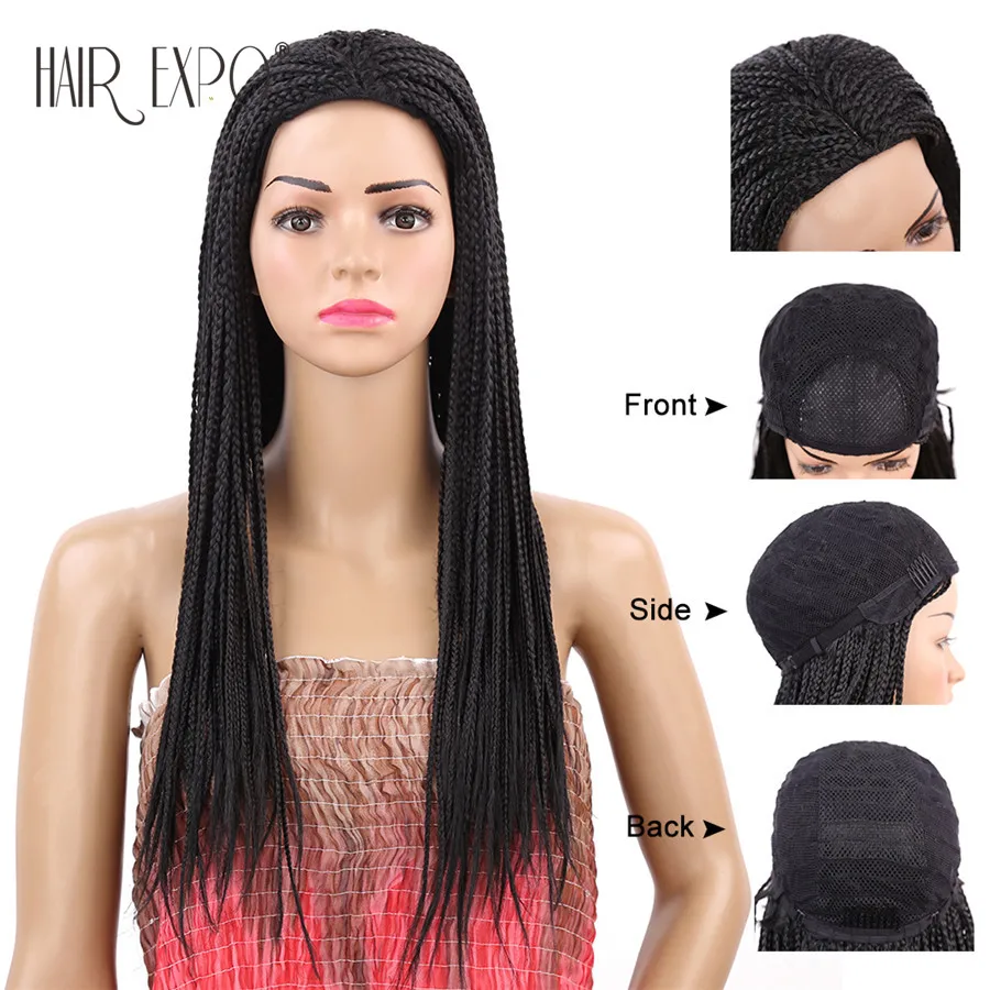 Long Natural Black and Brown Braided Box Braids Wig Synthetic Hair Wig for Africa Women 22inch Hair Expo City