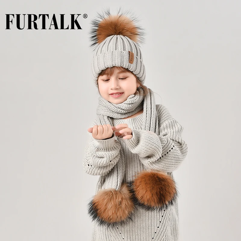 FURTALK Зимняя Детская Шапка и Шарф Мех Енота Помпон для Девочки Вязяние Шапки