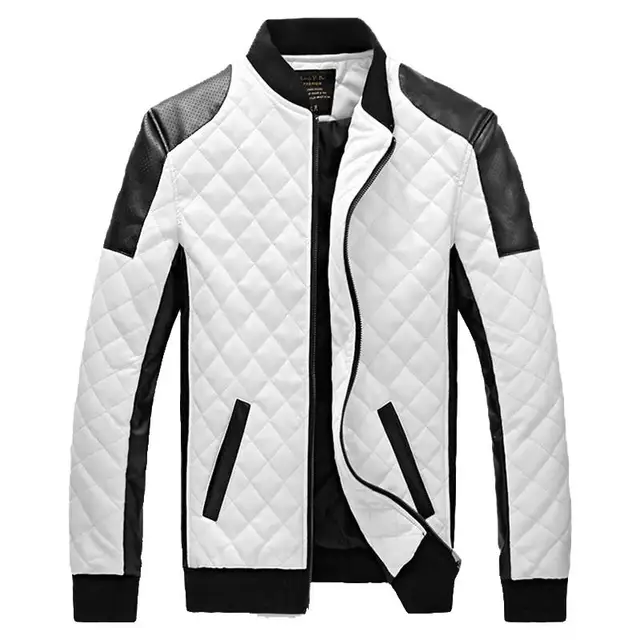 New Design Men's Jacket Winter Autumn PU Leather Black White Jackets Fashion Slim Plaid Jacket 