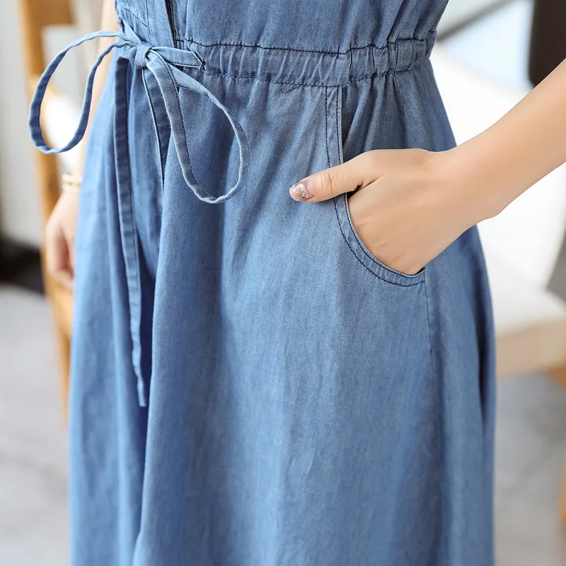 Summmer Buttons Jeans Dresses For Women Short Sleeve Denim Dress Women Fashion Pockets Elegant Slim Denim Cowboy Dress Ladies
