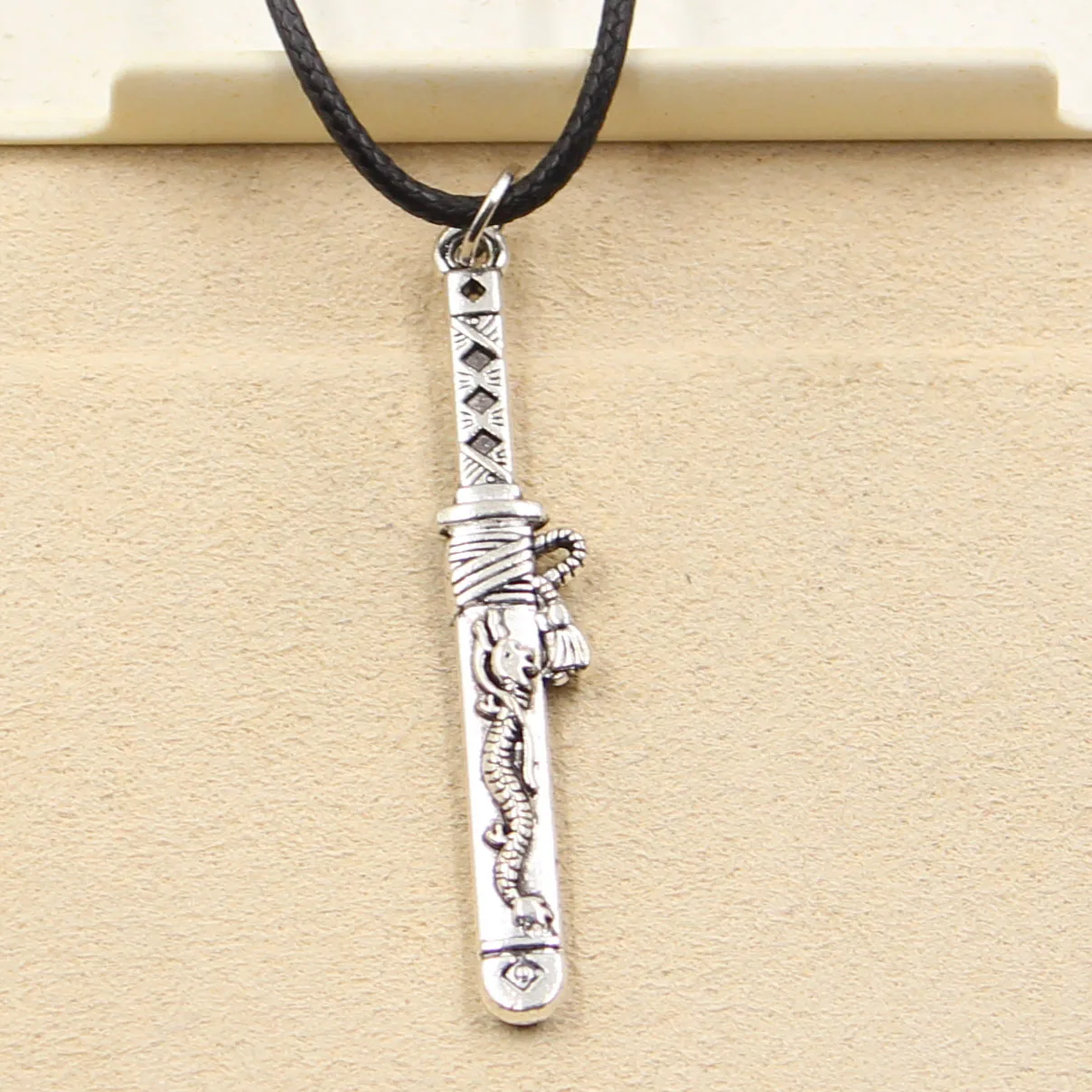 

New Fashion Tibetan Silver samurai sword in sheath Pendant Necklace Choker Charm Black Leather Factory Price Handmade jewelry