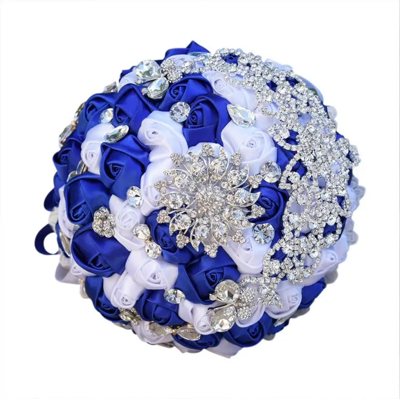 JaneVini Роскошная атласная роза ручной работы свадебные букеты со стразами Свадебные цветы Ramo Novia Flor искусственные - Цвет: Royal Blue White