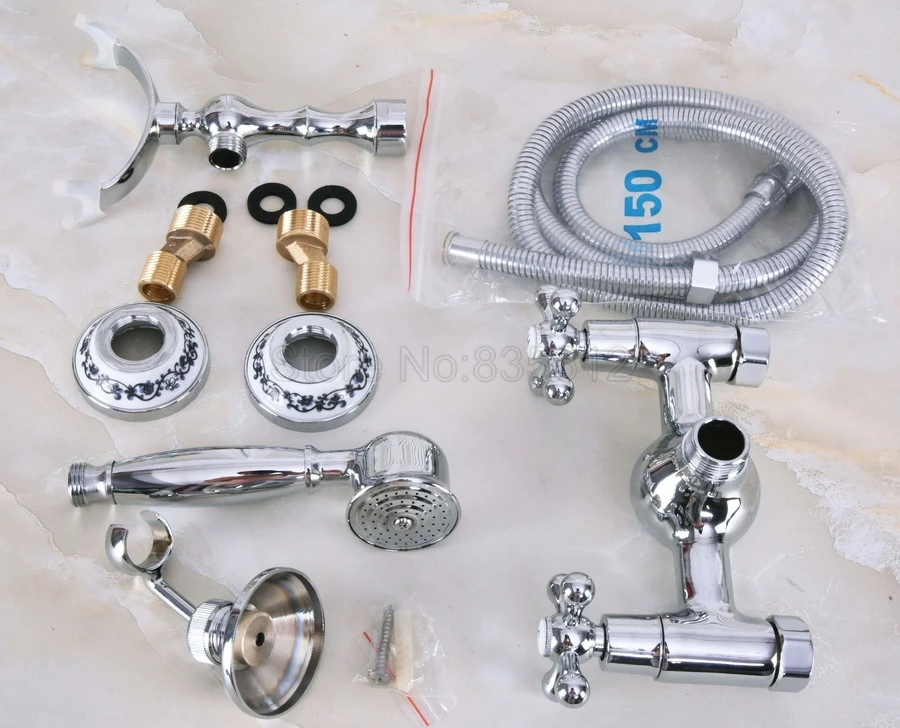

Polished Chrome Brass Telephone Style Bathtub Faucet Wall Mounted Bath & Shower Mixer Taps Handheld Shower Set tna255