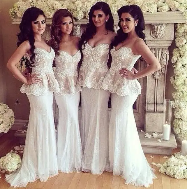 

Luxury Long Lace-up White Lace Evening Dress With Peplum