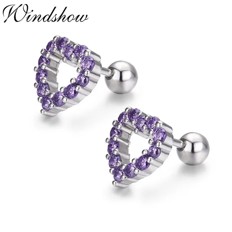 Милый 925 пробы Серебряное пустое сердце набор фиолетовый CZ Винт Назад серьги гвоздики для женщин дети, девочки ювелирные изделия Orecchini Aretes