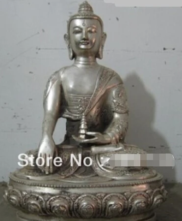 

0 Tibet Buddhism White Bronze Silver Dragon Sakyamuni Buddha Hold pagoda Statue