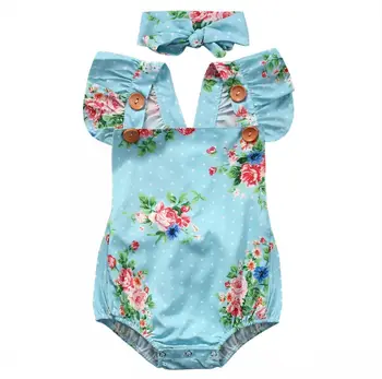 

2Pcs/set Newborn Baby Girls Floral Cotton Bodysuit Sunsuit Tops + Headband Outfit Clothes Set 0-24M