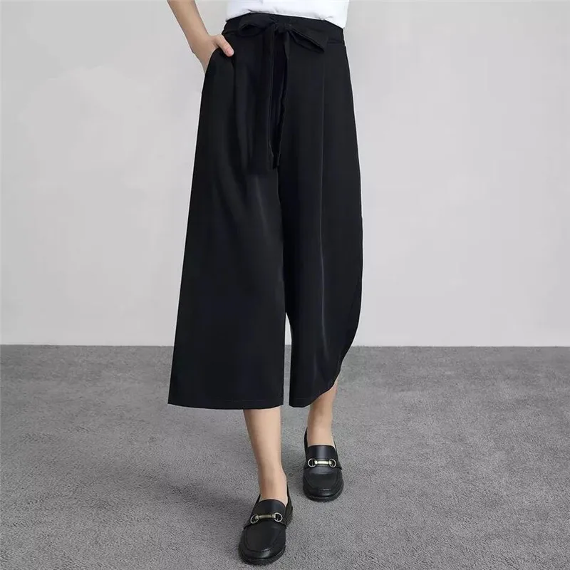 

Large SizeLeisure Wide Leg Pants Black Female Calf-Length Pants High Waist Summer Loose Casual Straight Trousers Plus Size 7XL