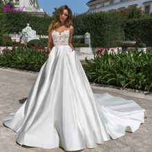 Detmgel очаровательные Сатиновые Свадебные платья трапециевидной формы с открытой спиной и часовым шлейфом роскошное свадебное платье принцессы с аппликацией из бисера и глубоким вырезом