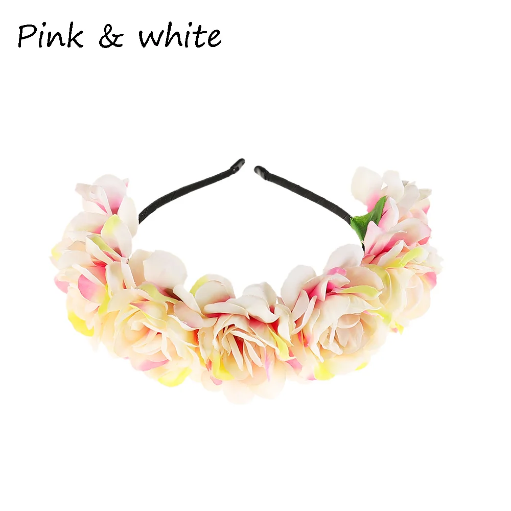 New Fashion Women Bride Flowers Headband Mexican Style Rose Flower Crown Hairband Ladies Elastic Beach Hair Accessories Headband types of hair clips