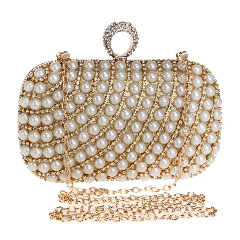 

Women Clutch Glitter Evening bag Faux Pearl and Diamond Wedding/Special Occasion Evening Handbags(Gold)