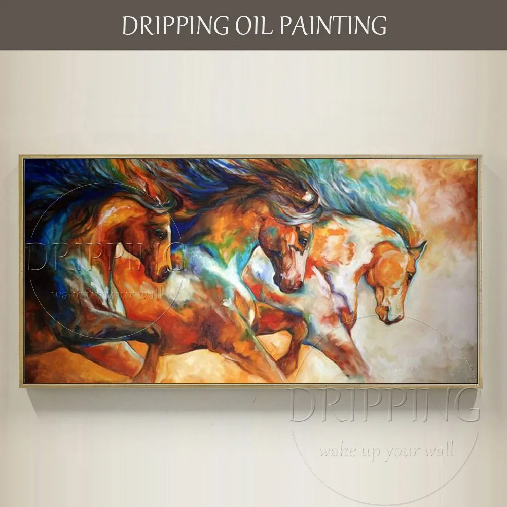 

High Quality Modern Wall Decor Picture Horse Oil Painting for Bedroom Hand-painted Modern Abstract 3 Horses Oil Painting