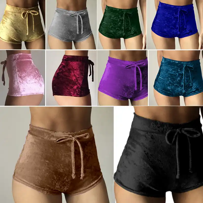 Women Velvet Drawstring Elastic Shorts Casual High Waist Skinny Short Pants USA