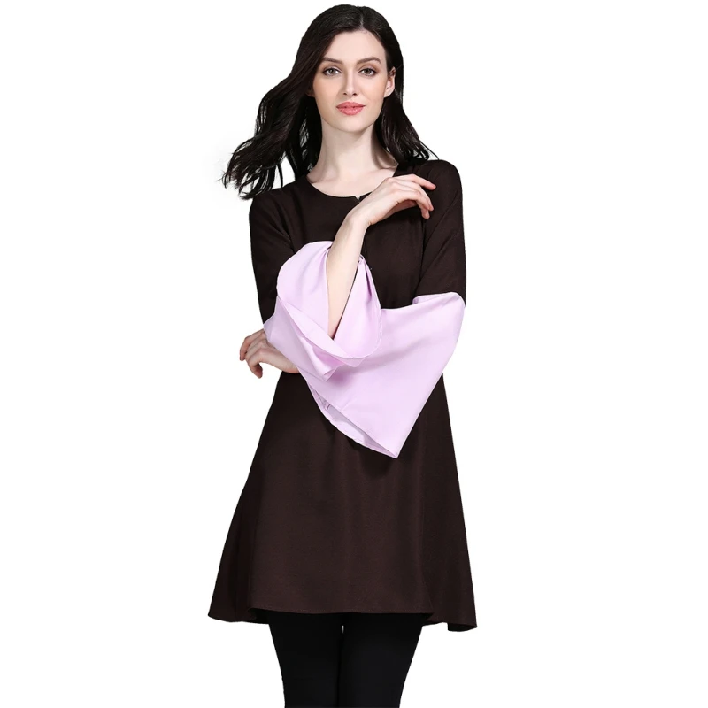 

Fashion Women Long Flare Sleeve Patchwork Loose Shirt Muslim Short Dress Islamic Clothes Spring Summer Short Kaftan Abaya